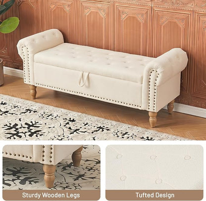 Furniliving 51” End of Bed Storage Bench, Bedroom Bench with Button-Tufted, Upholstered Storage Ottoman Benches Window Bench with Storage, Chenille Bench for Living Room, Entryway, Beige