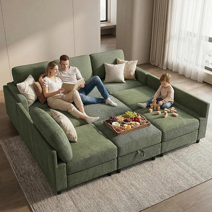 KKL Modular Sectional Sofa Bed - Sofabed with Storage Ottoman, Convertible L/U-Shaped Sleeper Couch for Living Room, Modern Reversible Design, Green