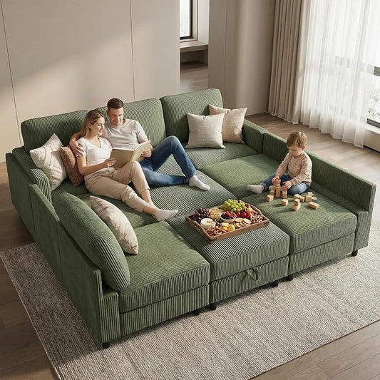 KKL Modular Sectional Sofa Bed - Sofabed with Storage Ottoman, Convertible L/U-Shaped Sleeper Couch for Living Room, Modern Reversible Design, Green