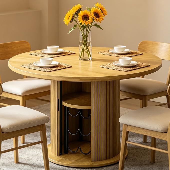 Wildhome Round Dining Table for 2-3, 31 Inch Dining Room Kitchen Table with 2-Tier Storage Shelf & Wine Rack, Modern Farmhouse Fluted Wood Slide Door Dinner Furniture,Circle(Non scalable-32 Inch-Oak)