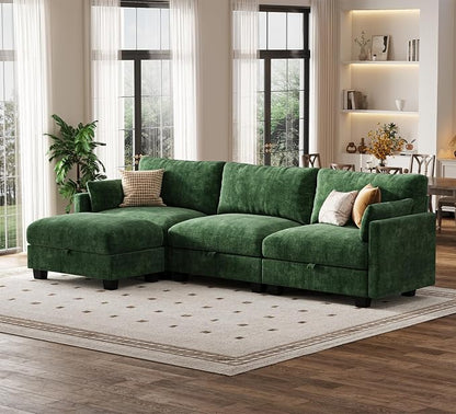 Modular Sectional L Shaped Sofa Couches for Living Room, Cloud Couch with Storage Ottoman, Comfy Chenille Sofa with Pillow, Green