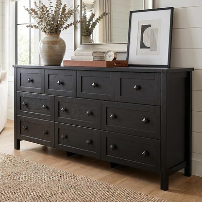 Gyfimoie 10-Drawer Dresser, 63" Farmhouse Wood Storage Chest of Drawers, Long Dresser TV Stand for TVs up to 75", Vintage Wide Dressers Organizer with Metal Handles for Bedroom, Black