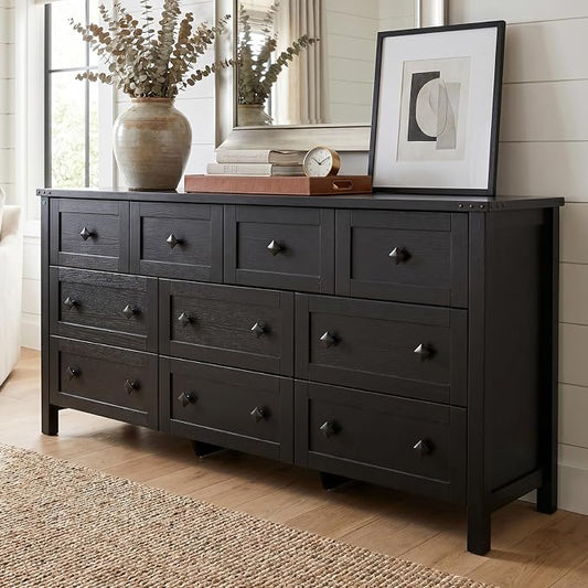 Gyfimoie 10-Drawer Dresser, 63" Farmhouse Wood Storage Chest of Drawers, Long Dresser TV Stand for TVs up to 75", Vintage Wide Dressers Organizer with Metal Handles for Bedroom, Black