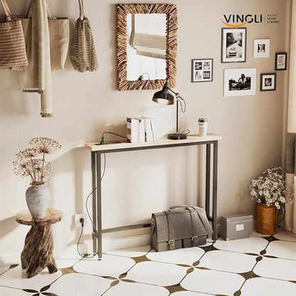 VINGLI 39" Console Table with Charging Station, 5.9" Narrow Sofa Table Behind Couch, Entryway Table with Power Outlet & 4.9 Ft Extension Cord & Adjustable Feet, for Living Room, Hallway, Oak