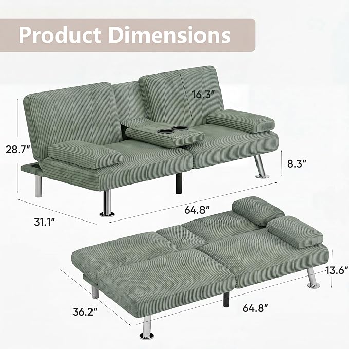 Flamaker Futon Sofa Bed Corduroy Folding Couch Adjustable Sleeper Sofa Bed for Small Apartment Upholstered Living Room Furniture Set with 2 Cup Holders Removable Armrests (Corduroy, Green)