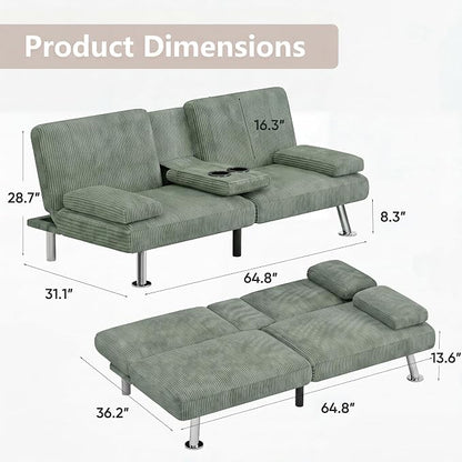 Flamaker Futon Sofa Bed Corduroy Folding Couch Adjustable Sleeper Sofa Bed for Small Apartment Upholstered Living Room Furniture Set with 2 Cup Holders Removable Armrests (Corduroy, Green)
