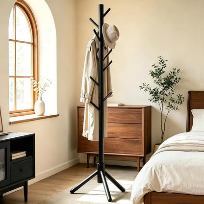 2 PC Wooden Coat Rack Freestanding with 8 Hooks & 3 Adjustable Sizes for Clothes, Space-Saving Design for Bedroom Office Entrance Holds Hats Coats Scarves Bags