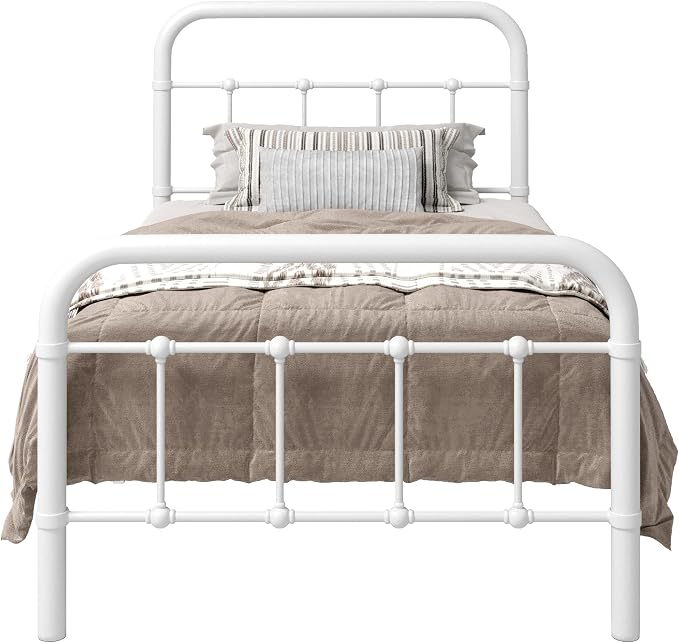 Allewie Twin Size Metal Platform Bed Frame with Victorian Style Wrought Iron-Art Headboard/Footboard, No Box Spring Required, White