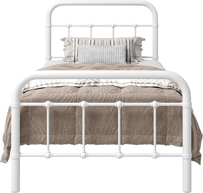 Allewie Twin Size Metal Platform Bed Frame with Victorian Style Wrought Iron-Art Headboard/Footboard, No Box Spring Required, White