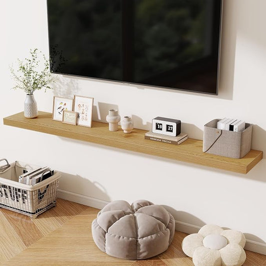Fun Memories 72 Inch Fireplace Mantel Shelf, 10 Inch Deep Shelves for Display & Wall Storage, Rustic Wood Wall Shelf, Extra Long Floating Shelves for Living Room Laundry Room, Oak, Set of 2