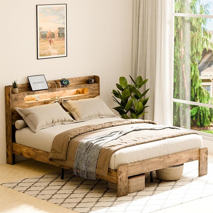 Zevemomo King Size Bed Frame Wood with Headboard, LED Light, Charging Station with 2 USB Ports & 2 AC Outlets, Durable Wooden Frame, No Noise, Rustic Brown (Arc Edge Rectangular Slot)