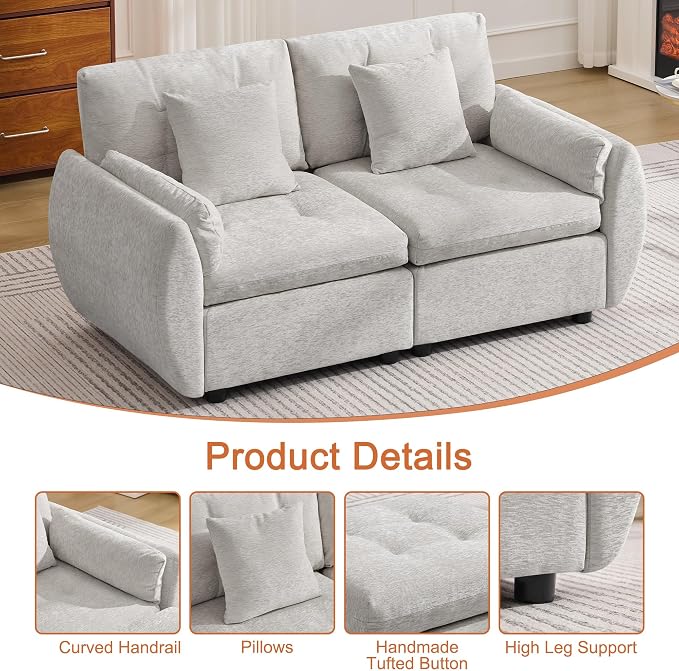 57" Modular Loveseat Cloud Sofa, Deep Seat Tufted Chenille Sectional Love Seat Couch with Curved Arms, 2-Seater Couches for Living Room, Light Grey