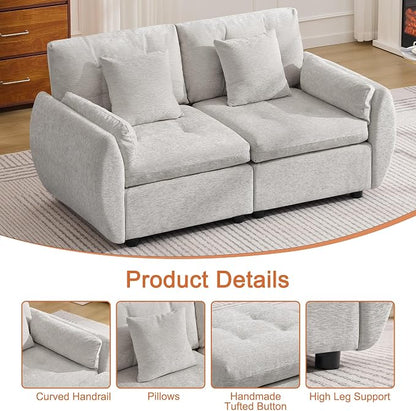 57" Modular Loveseat Cloud Sofa, Deep Seat Tufted Chenille Sectional Love Seat Couch with Curved Arms, 2-Seater Couches for Living Room, Light Grey