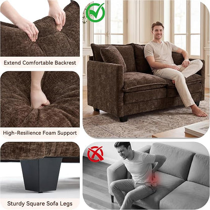 Loveseat Sofa Couch 2 Piece Set, Small Compact 50" Love Seat 27" Deep Cloud Sofa Set Washable Chenille Pillow Living Room Set for Apartment Office 8833-BROWN-2+2