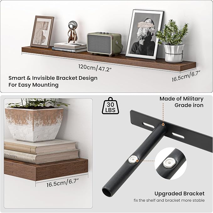 Heimlove 48 Inch Floating Shelves for Wall,Extra Long Wood Shelves Mounted Storage Hanging Shelf Invisible Bracket for Bedroom,Living Room,Kitchen,Office,Set of 2,Rustic Brown