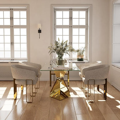 Boucle Dining Chairs, Off White Barrel Arm Chairs with U-Shaped Mirrored Gold Legs, Modern Side Chairs for Dining Table, Kitchen and Dining Room Restaurant Recepition,Set of 12