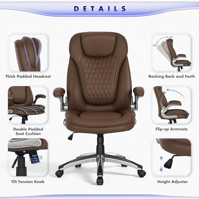 COLAMY High Back Executive Office Chairs Set of 2, Ergonomic PU Leather Desk Chairs with Flip-Up Armrests, Adjustable Height, Lumbar Support, Comfortable Computer Chairs for Home Office, Brown