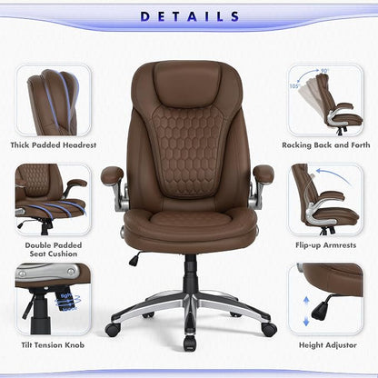 COLAMY High Back Executive Office Chairs Set of 2, Ergonomic PU Leather Desk Chairs with Flip-Up Armrests, Adjustable Height, Lumbar Support, Comfortable Computer Chairs for Home Office, Brown