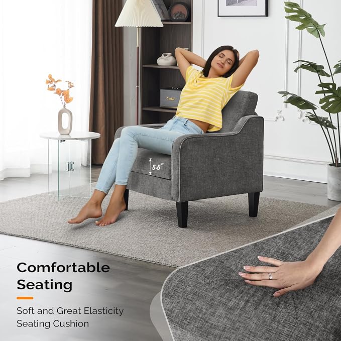 VINGLI Mid Century Modern Accent Chair - Soft Chenille Upholstered Comfy Armchair for Living Room, Bedroom, Home Office, Apartment, Studio (Light Grey)