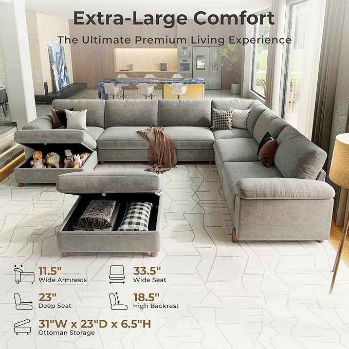 SITJOY Large Cloud Couch, 138" Wide 6 Seater V Shape, Light Gray Chenille | Detachable and Washable Chenille Cover Sectional Sofas for Living Room, Deep Seat Wide Couch with Chaise, Storage Ottoman