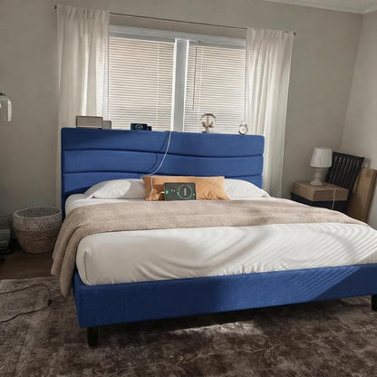 EnHomee King Bed Frame with Upholstered Headboard, Navy Blue | Adjustable Height , Charging Station, No Box Spring Needed, Noise-Free,Easy Assembly