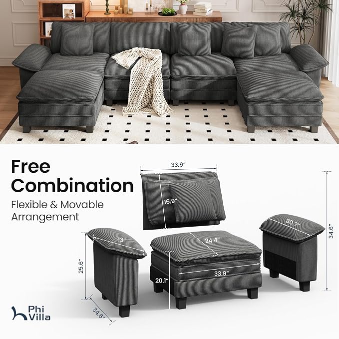 PHI VILLA Cloud Modular Couch Sets, 157.5" Oversized Large Sectional Sofa with U-Shaped Chaise, 6-Seater Couches with Movable Ottomans for Living Room, Corduroy Grey