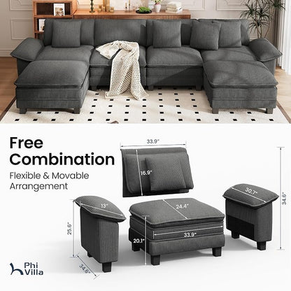 PHI VILLA Cloud Modular Couch Sets, 157.5" Oversized Large Sectional Sofa with U-Shaped Chaise, 6-Seater Couches with Movable Ottomans for Living Room, Corduroy Grey
