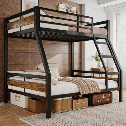 Einhomn Bunk Bed Twin Over Full, Heavy Duty Metal Bed with Ladder and Full-Length Guardrail, Large Under-Bed Storage Space, No Box Spring Needed, Noise Free, Rustic Brown