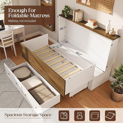 Yoobure Queen Murphy Bed with Charging Station - Rattan Queen Bed Frame with Storage Drawers, Wood Cabinet Beds for Guest Bedroom, Living Room, Office, Farmhouse Hideaway Beds with Foldable Platform