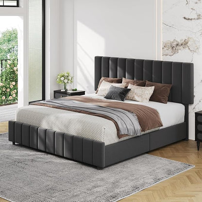 IDEALHOUSE Queen Upholstered Bed Frame with 4 Storage Drawers, Adjustable Headboard and Wooden Slats Support, No Box Spring Needed, Black