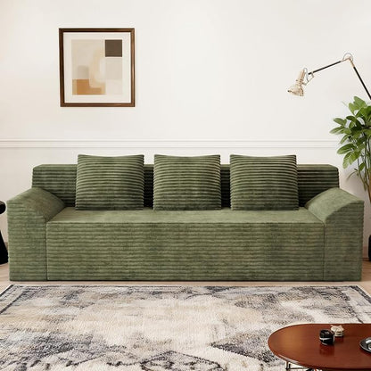 71" Corduroy Living Room Sofa, 3 Setaser Deep Seat Couch with 3 Lumbar Pillows, Comfy Boneless Sofa Modern Compressed Couch for Bedroom, Office, Apartment, No Assembly, Curved Armrests (Green)