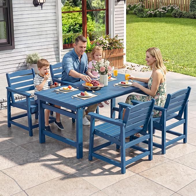 Furnimart 5-Piece Outdoor Dining Set, 67" HDPE Dining Table and Chairs for 4, All-Weather Patio Dining Set with Umbrella Hole, Outdoor Furniture Set for Backyard, Garden, Lawn & Poolside, Blue