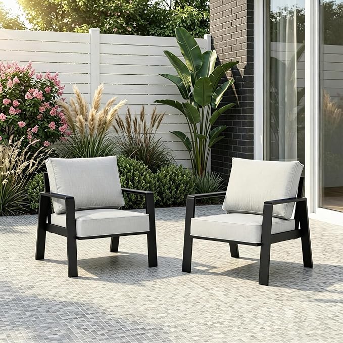 2 Pieces Aluminum Outdoor Armchair, Oversized Patio Couch, Modern Sofa All Weather Metal Furniture Set with 5" Cushions (Black/Light Grey)