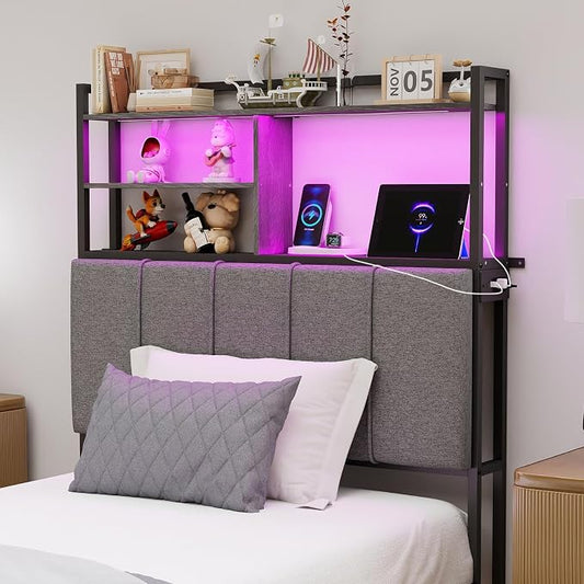 54.8" Tall Twin Size Headboard with 3-Tier Storage Shelves, Linen Upholstered Head Board with USB & Type C Port & LED Light, Soft Backrest for Twin Size Bed,Sturdy Headboard Only