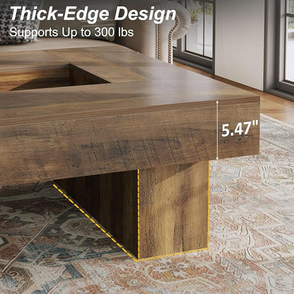 LVB Coffee Table, Modern Wood Led Living Room Table with Storage, Farmhouse Large Square Center Table with LED Light, Unique Wide Low Tea Table for Living Room Home Office, 39.37 Inch, Rustic Oak