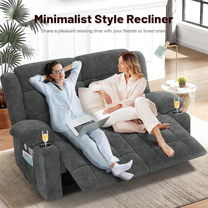 Loveseat Recliner Sofa Set with 2+1+1 Pieces, 2 Seater Minimalist Style Fabric Manual Pull Tab Reclining Loveseat with USB Charge Ports, Cup Holders, Recliner Couches for Living Room, RV, Gray
