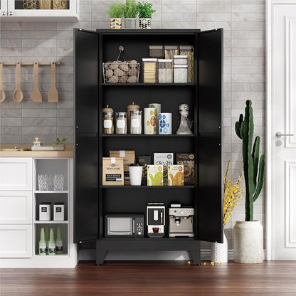 Farmhouse Pantry Cabinet with Barn Doors,61" H x 27.5" W,Metal Cabinet with Adjustable Shelves,4-Tier Storage Cabinet for Kitchen Dining Room Garage Office,Black 1 Pack