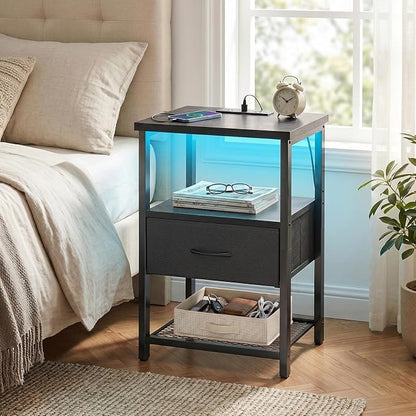 Fixwal Night Stand with Charging Station, LED Nightstand Side Table with Fabric Drawers PU Finish, End Tables Bedroom, Bedside Table, Black