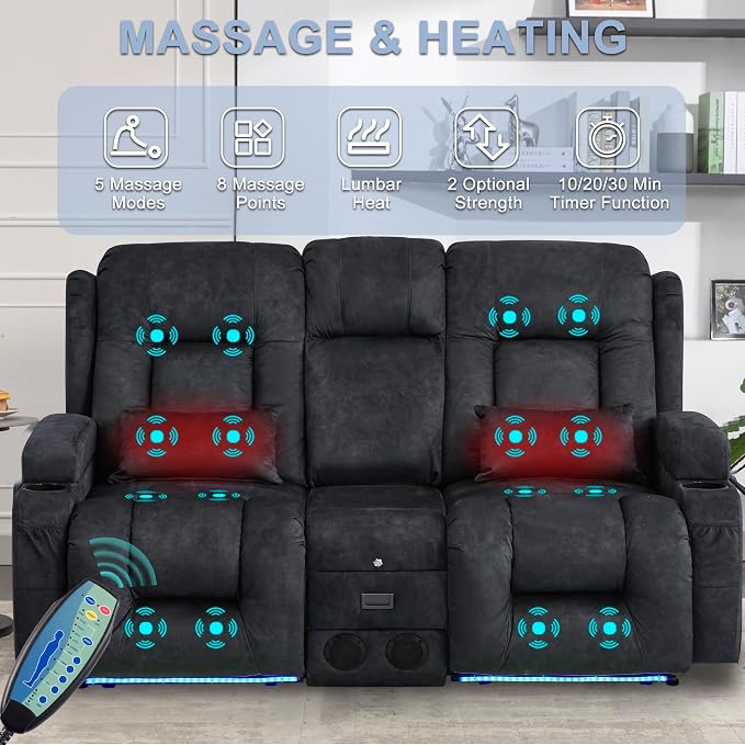 URRED Power Loveseat Recliner Sofa with Massage and Heat, Wall Hugger Reclining Loveseat with Console, RV Couch Home Theater Seating with LED Lights for Living Room (Dark Grey, 67" - 2 Seats)