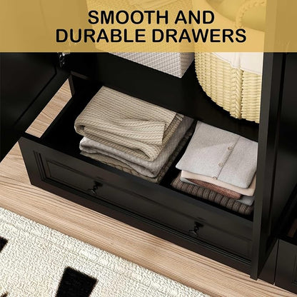 Armoire Wardrobe Closet with Drawers: 74" Bedroom Closet for Hanging Clothes, Black Wardrobes Closets with Doors, Modern Armoire Cabinet with Shelves (Black, 63")