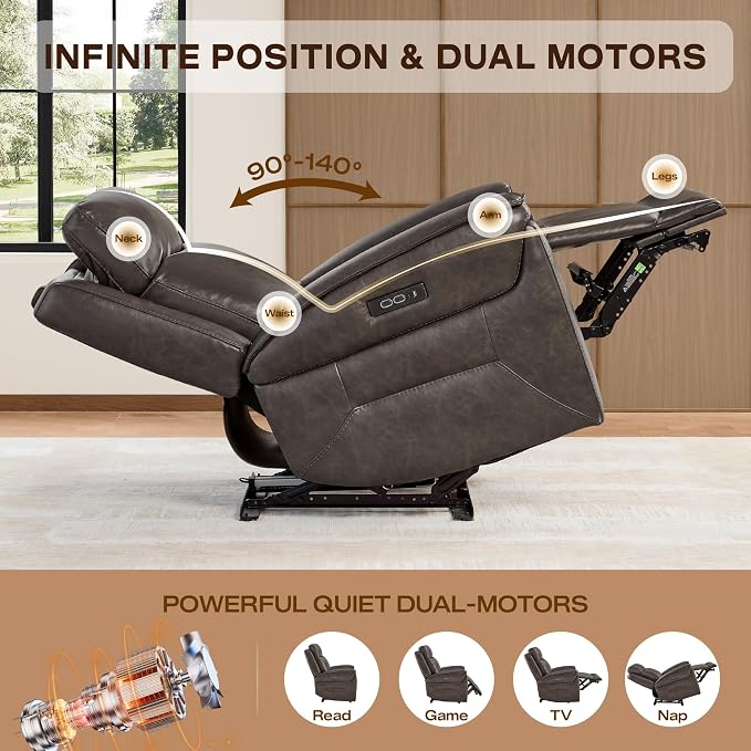 Watson & Whitely Super Zero Gravity Power Recliner Chairs with Power Headrest Leather Recliner with USB/Type-C Ports for Adults, Electric Reclining Sofa Chair for Living Room, Bedroom, Chocolate