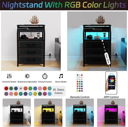 SZLHANJZ End Tables Set of 2, Nightstands with Charging Station and LED Lights, 3 Drawers Fabric Bedside Table, Storage Side Tables for Bedside, Living Room, Modern Black