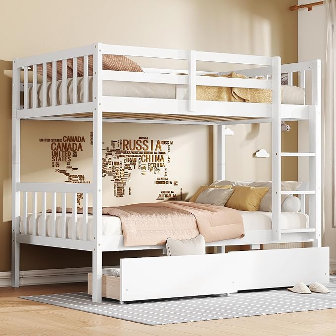 Harper & Bright Designs Twin Over Twin Bunk Bed with 2 Drawers, Convertible into 2 Twin Beds, Twin Bunk Bed with Ladder and Safety Guardrails, White