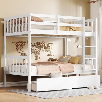 Harper & Bright Designs Twin Over Twin Bunk Bed with 2 Drawers, Convertible into 2 Twin Beds, Twin Bunk Bed with Ladder and Safety Guardrails, White