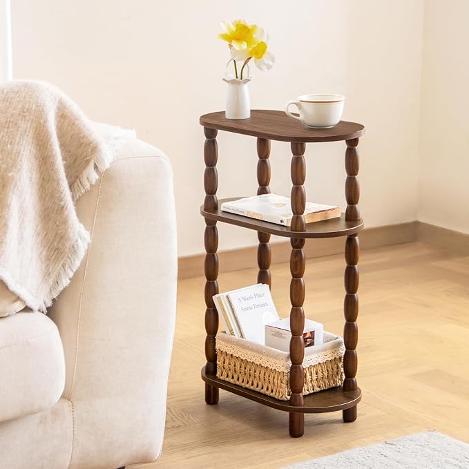 MaxSmeo Small Side Table, 3-Tier Narrow Small End Table with Storage, Skinny Bedside Table Nightstand, Bedrooms, Living Room (Walnut Brown)