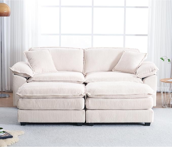84.6” Corduroy Loveseat with Ottoman, Oversized Double Chaise Lounge Chair Indoor Deep Seat Two Seater Couch Cloud Couch Modular Sectional Sofa for Living Room(Corduroy White)
