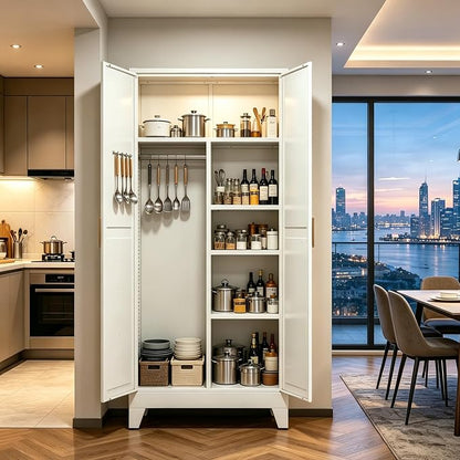71" H Tall Pantry Cabinet with Doors,Kitchen Pantry Cabinet,Black Metal Storage Cabinets,Garage Storage Cabinet,Food Storage Cabinet with Doors and Shelves