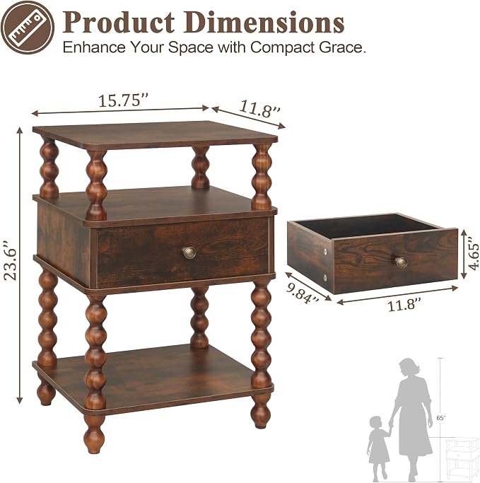AWASEN Night Stand, Bed Side Table Bedroom with Drawer, 3-Tier Small Nightstand End Table with Storage for Small Spaces &Solid Wood Spindle Legs, Rustic Brown