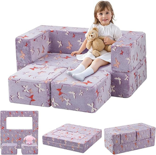 MeMoreCool Kids Modular Couch – Glow-in-the-Dark Butterfly Foam Sofa Bed, Lavender Convertible Toddler/Youth Playroom Sofa-to-Bed