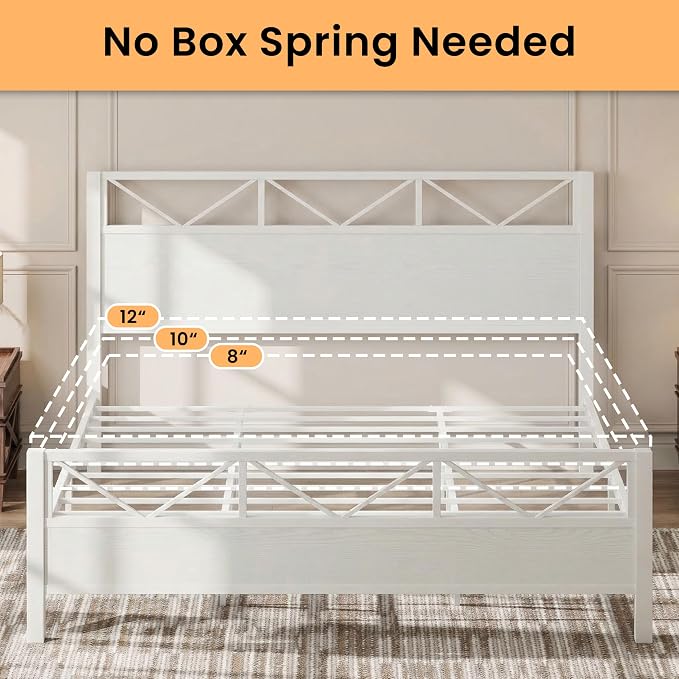 LIKIMIO King Size Bed Frame, Tall Modern Headboard 51.2 ", Platform Bed Frame with Strong Metal Support, Solid and Stable, Noise Free, No Box Spring Needed, Easy Assembly, White